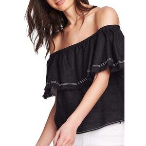 1. State Women’s Black Linen Off The Shoulder Frayed Popover Top-S